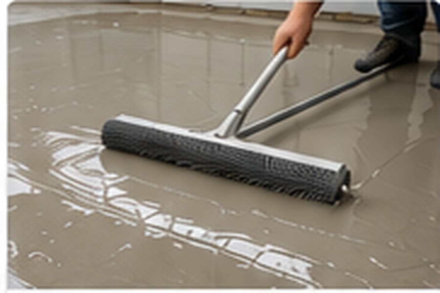 Self-leveling compound being spread with a gauge rake